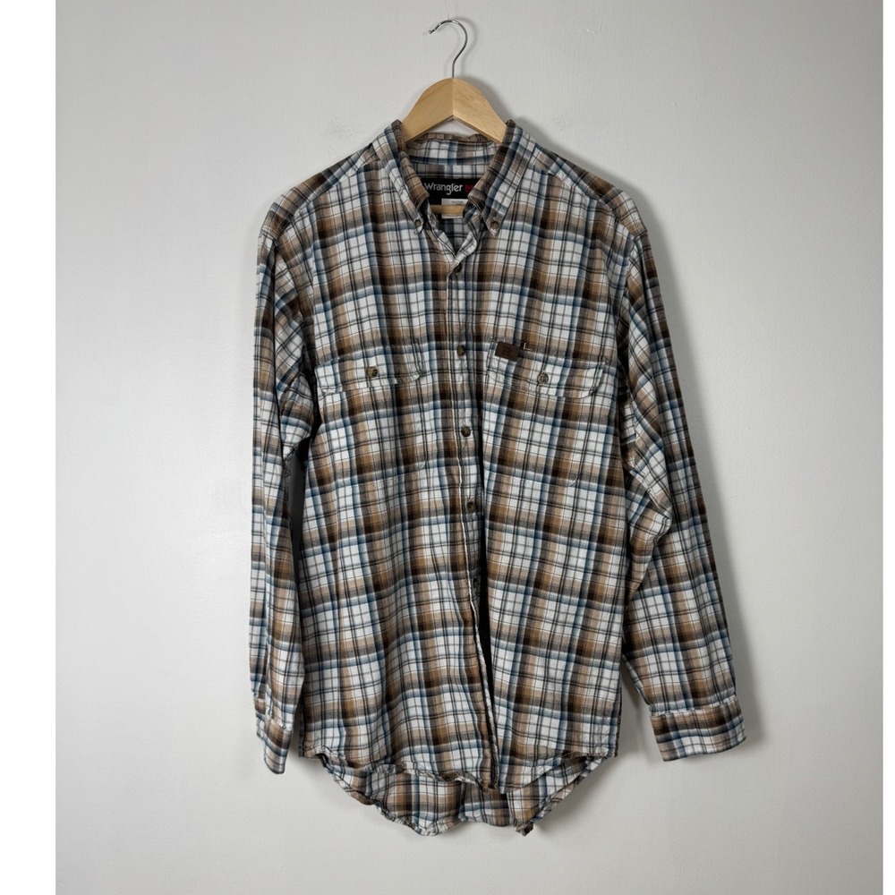 Workwear Wrangler Riggs Mens Large Flannel Shirt Brown Blue Plaid Button Down